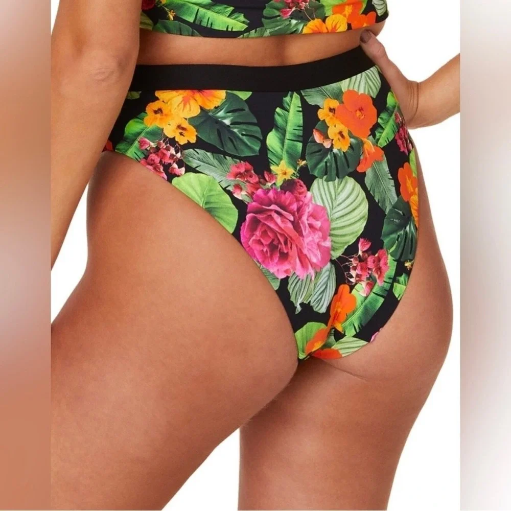 andie swim the banded cheeky bottom in black and pink floral, women size medium